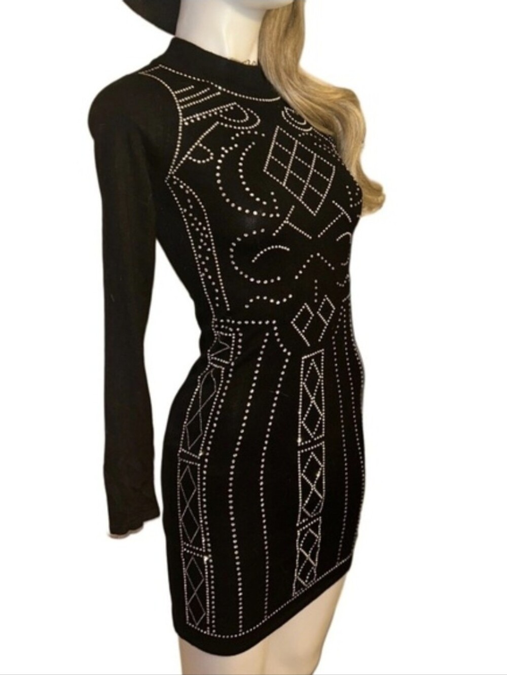 Black Studded Long-Sleeve Bodycon Dress - Picture 3 of 10